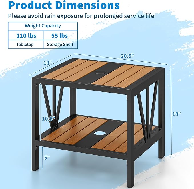 Tangkula Outdoor Side Table with 1.57” Umbrella Hole, 2-Tier Patio Metal End Table with Storage Shelf, Small Bistro Coffee Table for Porch, Balcony, Garden and Backyard (2)