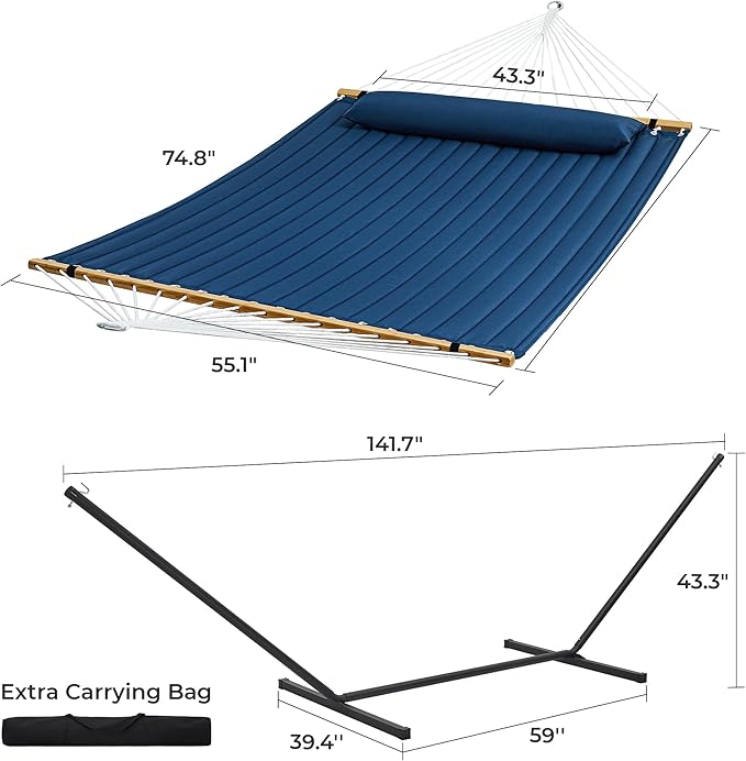 SUPERJARE Hammock with Stand, 2 Person Quilted Outdoor Hammock, Detachable Pillow & Bamboo Spreaders, Portable Hammock with Carrying Bag, Heavy Duty Stand, Perfect for Outside, Patio, Navy Blue