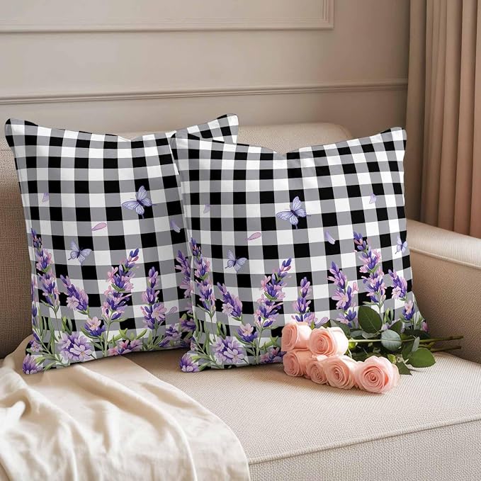 Lavender Floral Outdoor Waterproof Pillow Covers, Purple Flowers Butterfly Black Gray Plaid Decorative Square Throw Pillowcase Sofa Cushion Sham for Patio/Couch/Chair, 26"x26" 2 Pack