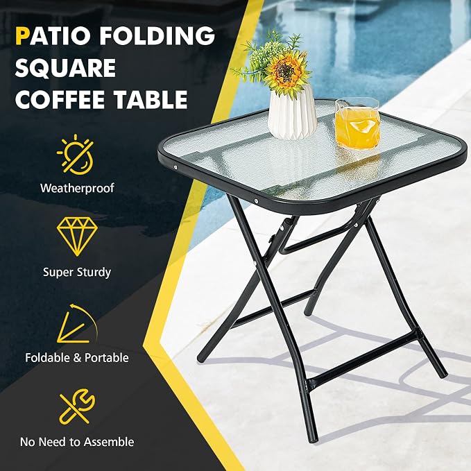 HAPPYGRILL 18” Folding Square Glass Side Table, Portable Patio Bistro Coffee Table with Tempered Glass Tabletop, Solid Steel Structure, Ideal for Poolside Backyard Living Room