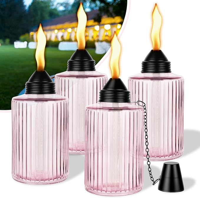 Glass Table Top Torches for Outside,4 Pack Citronella Tabletop Torch with Wick & Cap, 12oz Refillable Outdoor Torch Canisters Lanterns Torches for Luau Party, DIY Garden Decor (Pink)