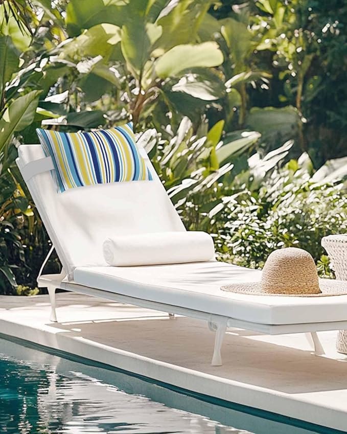 Outdoor Pillows Covers with Inserts Aqua Navy Blue and Yellow Colorful Texture Waterproof Recliner Pillow with Adjustable Strap Throw Pillows for Patio Furniture Pool Lounge Chair, 12x20 inch, 2PCS
