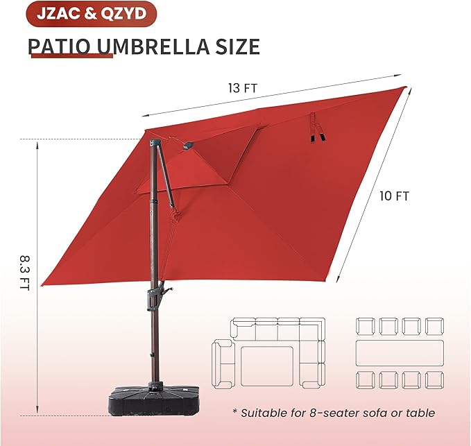 JZAC & QZYD 10X13 FT Outdoor Cantilever Patio Umbrella with Base Included and LED Lights, Large Heavy Duty 2-Tier Aluminum Offset Umbrellas with 360-Degree Rotation for Pool Deck, Red