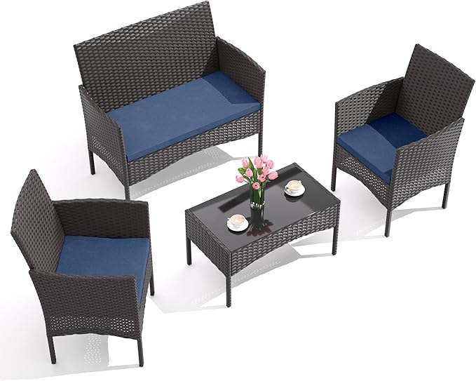 Gotland 4-Piece Outdoor Patio Furniture Set, Wicker Rattan Chairs & Sofa with Cushions and Glass Coffee Table, Conversation Set for Backyard, Lawn, Porch, Pool, Garden (Navy-2)