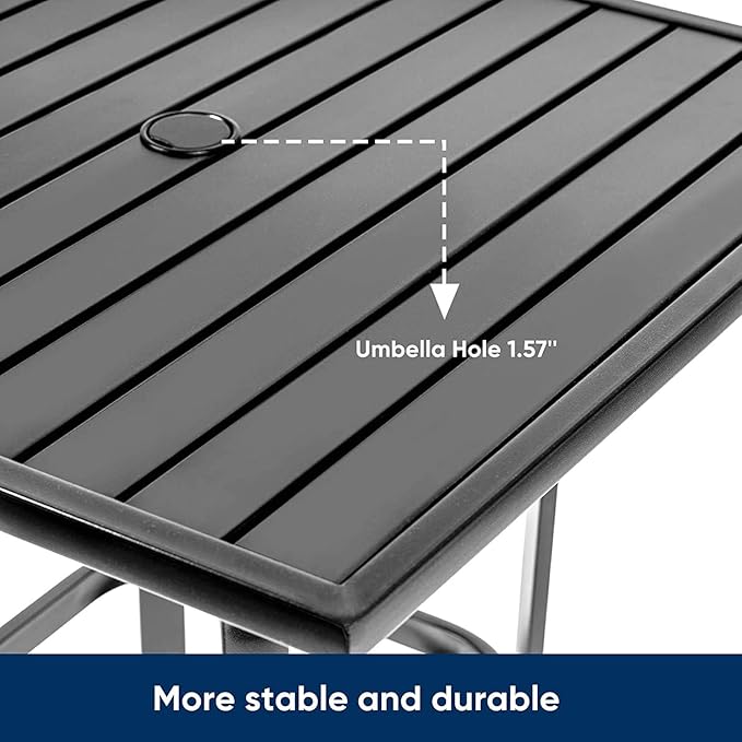 Patio Bar Table, Outdoor Bar Height Bistro Table with Umbrella Hole, Metal Frame and Slat Design (Black)