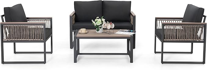 NUU GARDEN 4 Pieces Outdoor Patio Furniture Set, 4 Seats Outdoor Sectional with Coffee Table, Wicker Patio Conversation Sets with Armrests and Cushions Patio Set for Backyard, Garden and Poolside