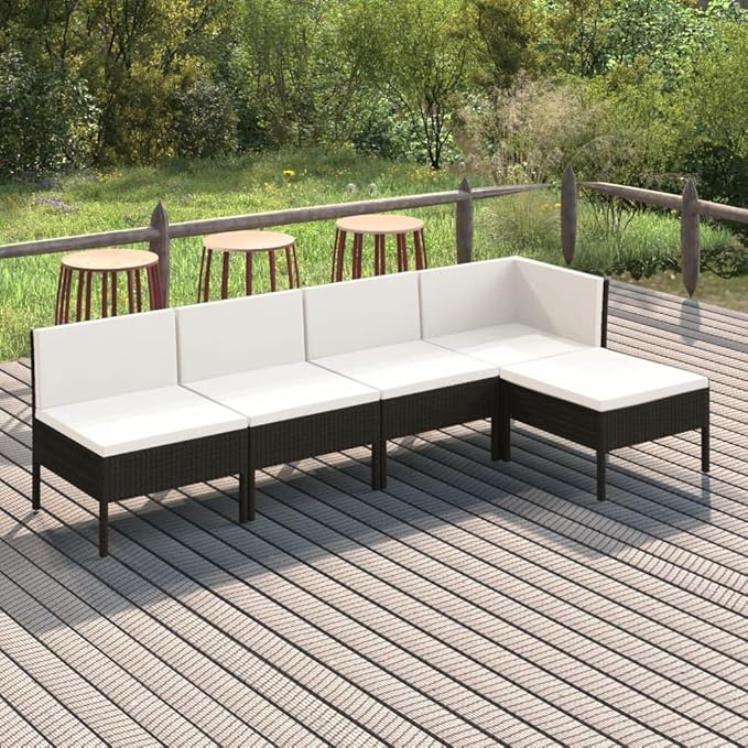 5 Piece Patio Lounge Set with Cushions,Patio Sofa,Outdoor Daybed,Patio Seating,Outdoor Furniture Sets,Patio Conversation Sets,Modern Set,Outdoor Patio Chairs,Patio Furniture Set, Poly Rattan Black