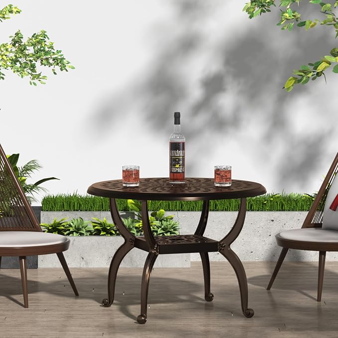 Round Outdoor Coffee Table Set of 2, Cast Aluminum Side Table with Storage,Indoor End Table, All-Weather Bistro Table for Patio Garden Lawn, Bronze