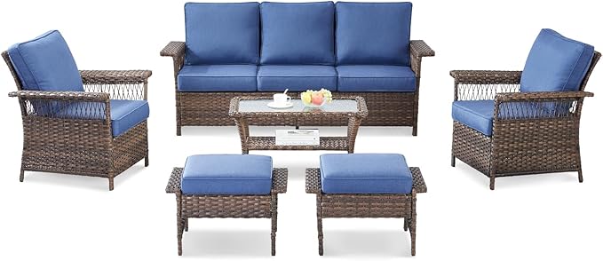 Outdoor Wicker Patio Furniture Set - 6 Piece Rattan Patio Conversation Sets with 2 Armrest Chairs,2 Ottomans,1 Sofa and 1 Coffee Table for Porch Deck Sunroom(Brown/Blue)