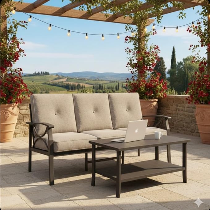 Hassyee 2 Pieces All-Weather Metal Outdoor Conversation Set with Coffee Table and Removable Cushions for Balcony, Patio Furniture Set with Modern Curved Design for Backyard, Lawn (2 PCS Set)