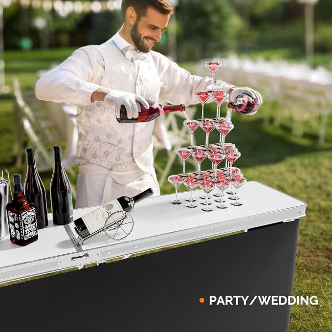 VINGLI 43" Portable Bar Table, 3-Tier Shelves, Carry Bag，Mobile Bar Table for Events, Party, Camping, Picnic, Tradeshow, Outdoor & Indoor with Black Skirt(2, 43") (2) (White, 78")