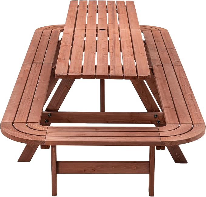 95" Picnic Table with Benches for 14-16 Persons, Outdoor Wooden Rectangle Dining Set for Patio, Garden, Backyard, Large Outside Table with Umbrella Hole, Brown