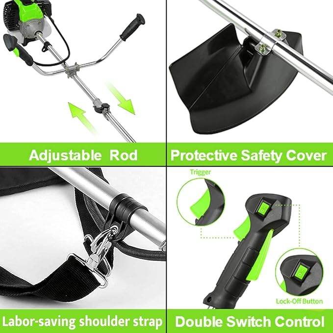 Weed Eater 58CC Weed Wacker 4-in-1 Gas Powered String Trimmer, Gas Brush Cutter with 4 Detachable Heads 18.5" Cutting Path Straight Shaft 2-Cycle for Brush(Green)