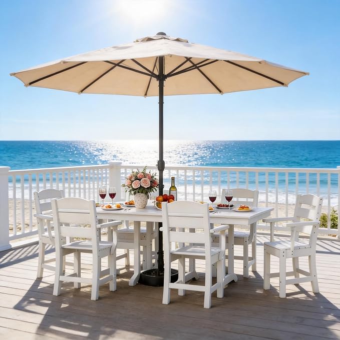 DWVO 8 Pcs HDPE Patio Dining Set with 13ft Umbrella, All-Weather White Outdoor Table and Chairs for 6, Heavy Duty Rectangle Pool Deck Furniture for Lawn, UV Resistant Outdoor Dining Set for Backyard