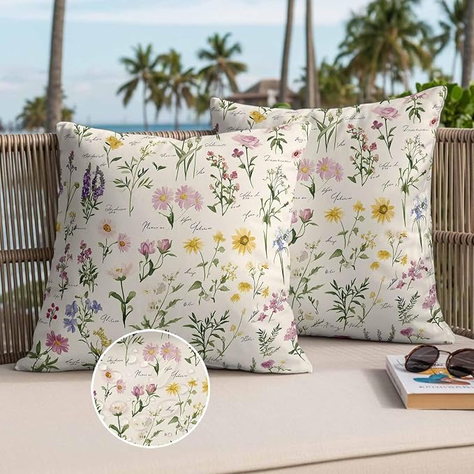 Throw Pillow Covers 26x26 Inch Set of 2, Botanical Garden Florals Waterproof Outdoor Pillow Covers, Spring Watercolor Wildflowers Decorative Cushion Pillowcases for Couch, Sofa, Bed, Garden, Patio
