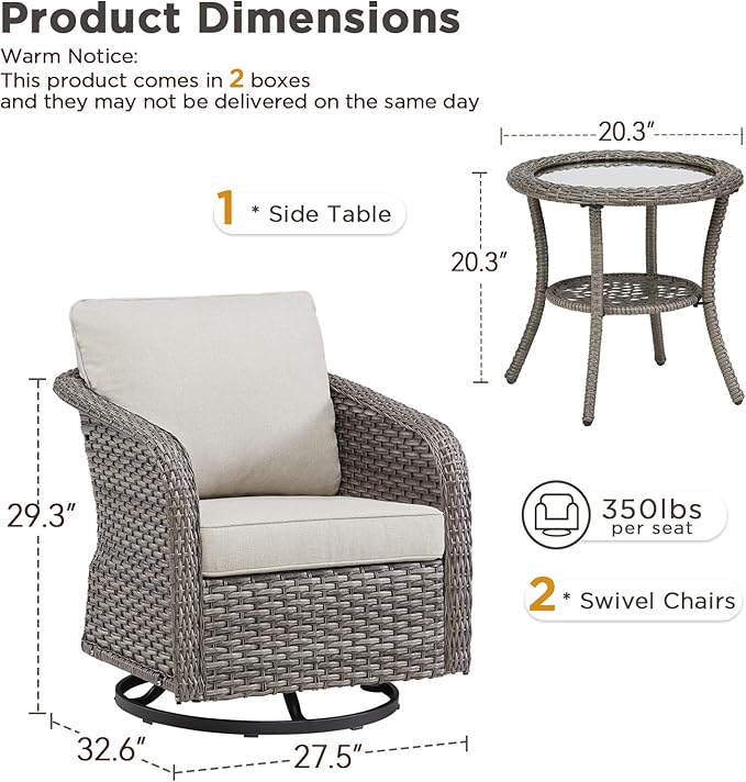 Belord Outdoor Swivel Rocker Patio Chairs - Patio Rocker Chairs Set of 2 with Glass Side Table, High Back Swivel Glider Chair with Deep Seating for Porch Deck Balcony Garden Grey/Beige