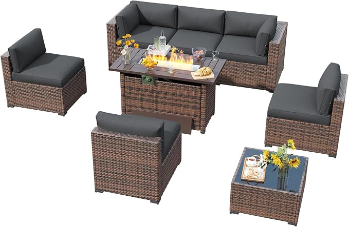 LazySunsets 8 Piece Outdoor Patio Furniture Set with 44'' Fire Pit Table, Outdoor Patio Furniture Set with 4'' Thicken Cushion, Wicker Rattan Outdoor Conversation Set for Backyard & Garden, Grey