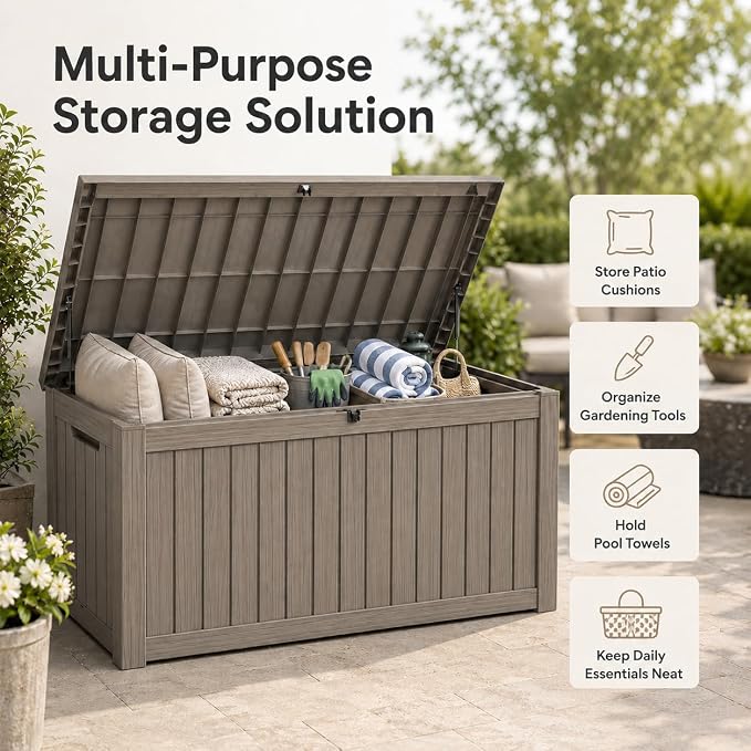 155 Gallon Outdoor Deck Storage Box, Large Waterproof Resin Patio Storage Box, Lockable Bench Seat Holds 2 Adults, for Garden Tools, Cushions & Pool Floats, UV & Rust Resistant, Gray Brown