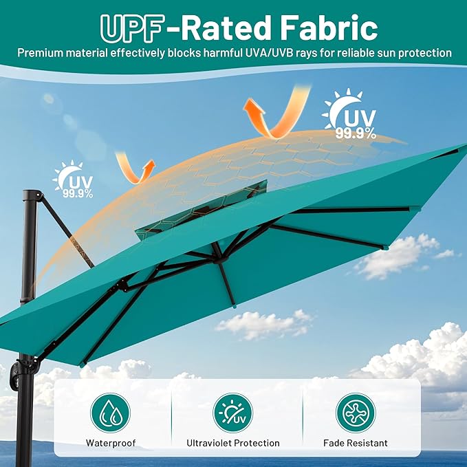 AreShark 9×9FT Double-Top Cantilever Patio Umbrella with Base Included, Square Offset Umbrella with 360 Degree Rotation, Heavy Duty Patio Umbrella for Garden Deck Pool, 5 Tilt Angles, Turquoise Blue