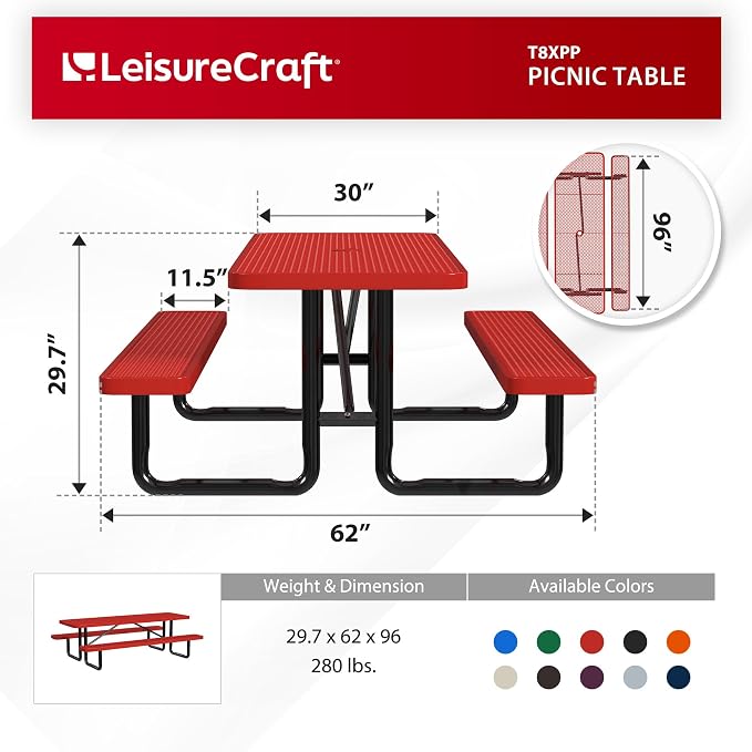 Leisure Craft Metal Picnic Table with Bench - 8 ft Rectangle Outdoor Dining Table for 8, Umbrella Hole, Weatherproof Heavy Duty Thermoplastic Coating, Commercial Grade Furniture Made in USA - Red