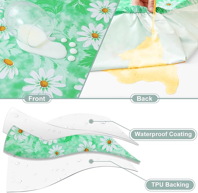 misaya Picnic Table Cover with Bench Cover, Waterproof Elastic Fitted Tablecloth for 5 Foot Tables, Rectangle Washable Polyester Tablecloths for Picnic, Camping, Outdoor (Green Daisy, 30" x 60")