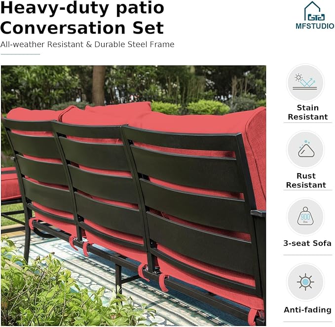 MFSTUDIO 5 Pieces Patio Conversation Sets, 7 Seats Metal Patio Furniture Sets with 1 x 3-Seat Sofa, 2 x Sofa Chairs, 2 x Ottoman, All Weather Steel Patio Sets with 5.75inch Red Cushion for Garden
