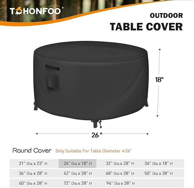 Round Coffee Table Cover, Outdoor Table Covers Waterproof, UV Resistant Outdoor Lawn Patio Furniture Covers, 26" DIA x 18" H