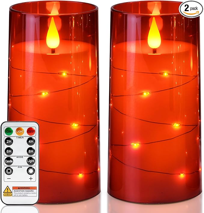 Homemory Flameless Candles with Embedded Star String Fairy Lights, Battery Operated Candles, LED Candle, Fake Candles with Remote Control and Timer, Red, Set of 2(H 6" 6")