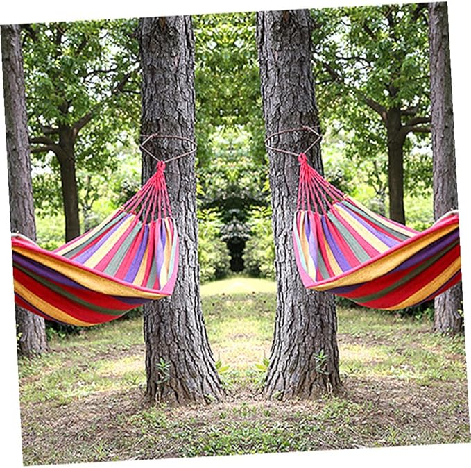 Operitacx Striped Canvas Camping Hammock Swing 190x85cm Portable Outdoor Hanging Chair for Backyard Garden Patio Use European Rainbow Color