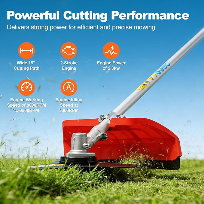 2025 Upgraded 5 in 1 Gas Multi Functional Trimming Tools, 52CC 2 Stroke Gas Weed Eater, Weed Wacker Gas Powered, 9500rpm High Power Gas String Trimmer, Brush Cutter for Garden, Yard, Home Orange