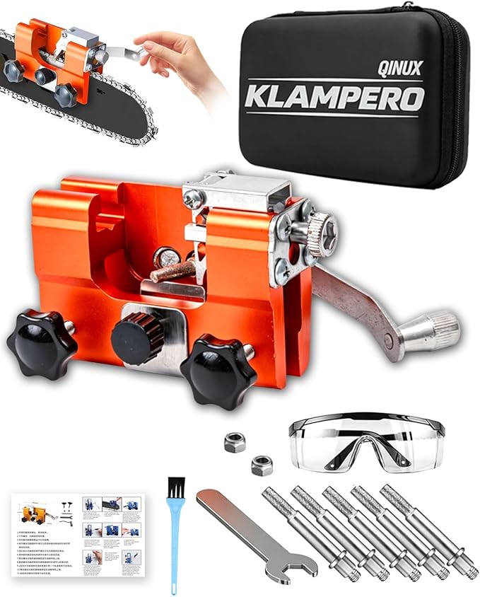 Chainsaw Sharpener Tool, Hand Crank Chain Saw Sharpener with 30° Angle Guide & Adjustable Clamp, Portable Chainsaw Kit for 4-22" Chains Gas & Electric Chainsaws (Orange-Big+5 Head)