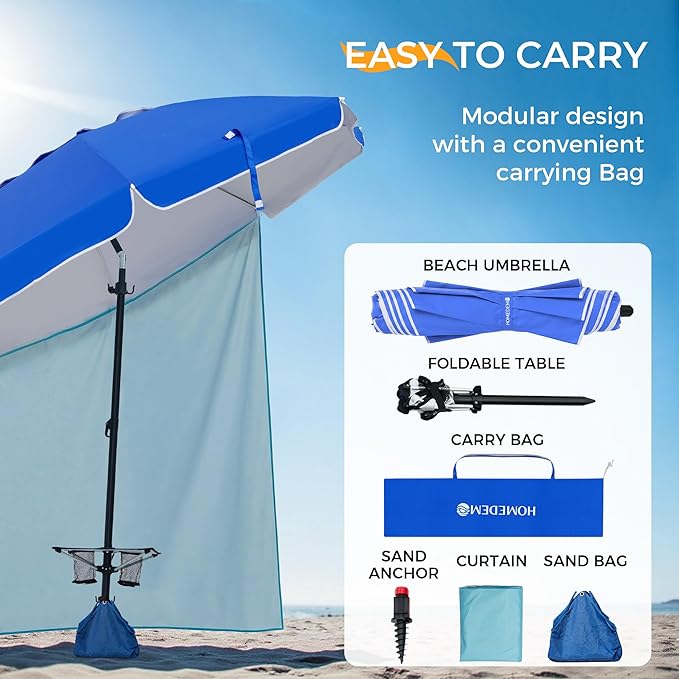 HOMEDEMO 8FT Large Beach Umbrella with Weight Bag & Sand Anchor, Outdoor Umbrellas with Adjustable Aluminum Pole and Table, Heavy Duty Windproof & UPF 50+
