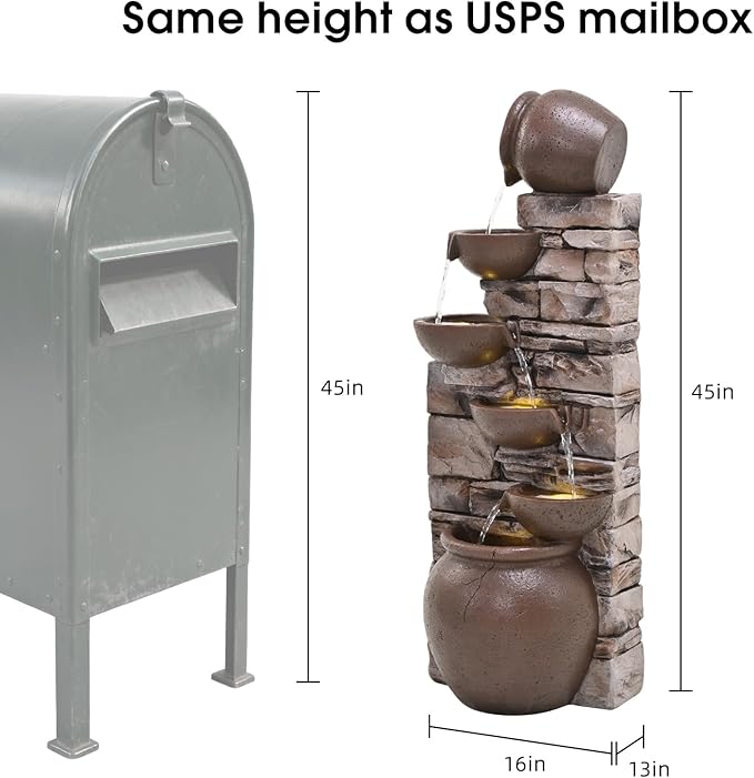 45" Cascading Water Fountain - 5-Tier Outdoor Stacked Stones & Clay Pot Fountain with LED Light & Pump,for Garden,Patio,Porch,Backyard,Home Art Decor Grey (16 * 45", Brown)