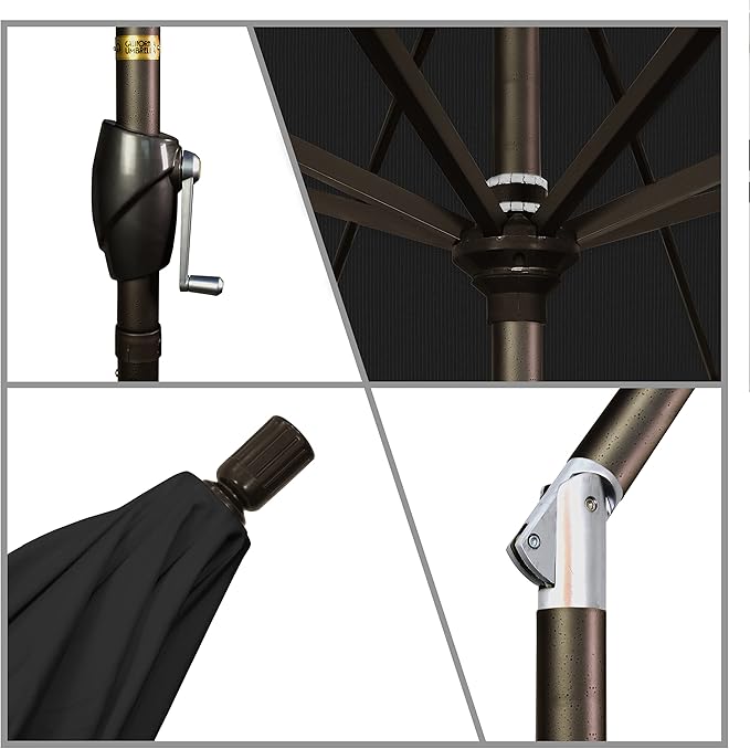 California Umbrella 7.5' Round Aluminum Market Umbrella, Crank Lift, Push Button Tilt, Bronze Pole, Canvas Black