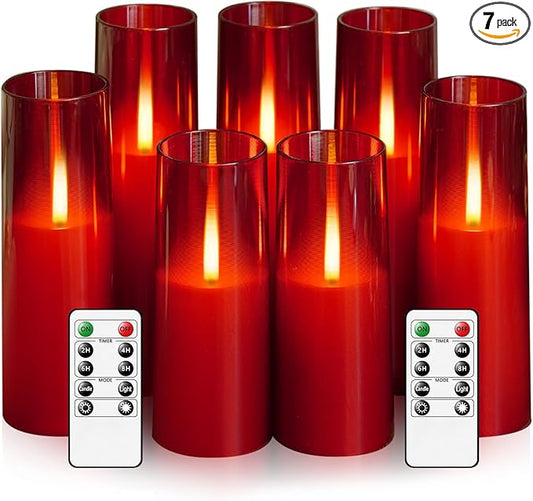 kakoya Flameless LED Candles Upgraded Realistic Flickering Flame,7Pcs Battery Operated Candles with Remote Timers,LED Pillar Candles for Home Decor,Christmas,and Parties(Red)