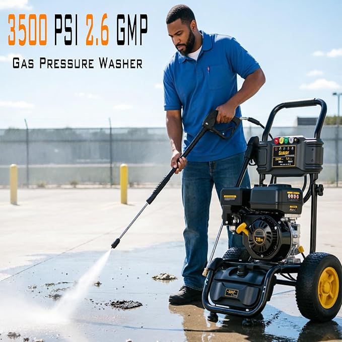 Gas Pressure Washer, 3500 PSI &2.6 GPM Power Washer, 30 ft Hose&Soap Container, 5 Adjustable Nozzles, Cleaning for Driveway/Concrete/Vinyl Fencing, CARB&EPA CERT