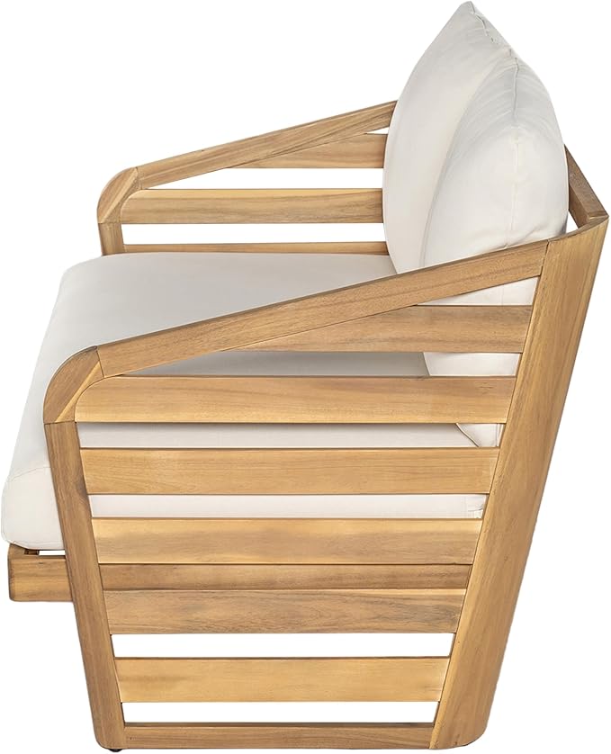Christopher Knight Home Meiko Patio 2 Pieces Conversation Set, Acacia Wood Loveseat with Cushion and Coffee Table, Slat Panel Outdoor Sofa and Rectangular Table for Backyard Garden, Teak+Beige