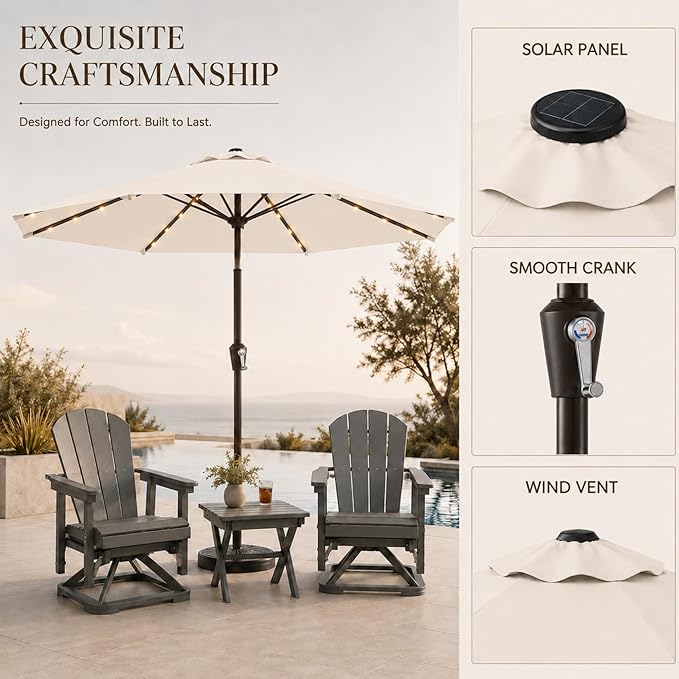11FT Solar Lighted Patio Umbrella, Outdoor Table Market Umbrellas with Crank Lift, 32 LED Lights, 8 Sturdy Ribs, UV-Resistant for Deck, Garden, Pool