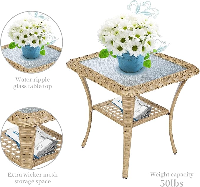 Belord 3PC Patio Furniture Set - Swivel Rocker Chair Bistro Set with Rattan Side Table, Natural Wicker/Beige Cushion