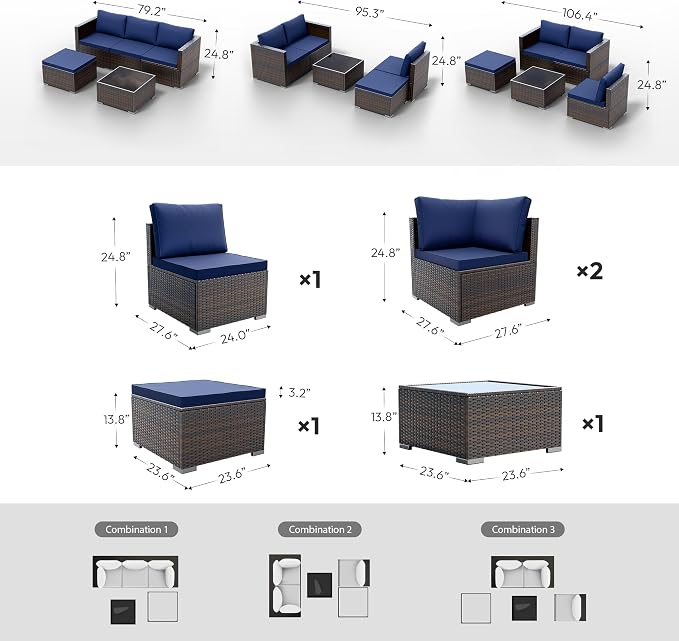 WWR Patio Furniture Set- All-Weather, Thick Cushions & Wide Armrests -5 Piece Outdoor Patio Conversation Couch Sets, Wicker Rattan Outdoor Sectional Sofa for Garden, Patio, Poolside