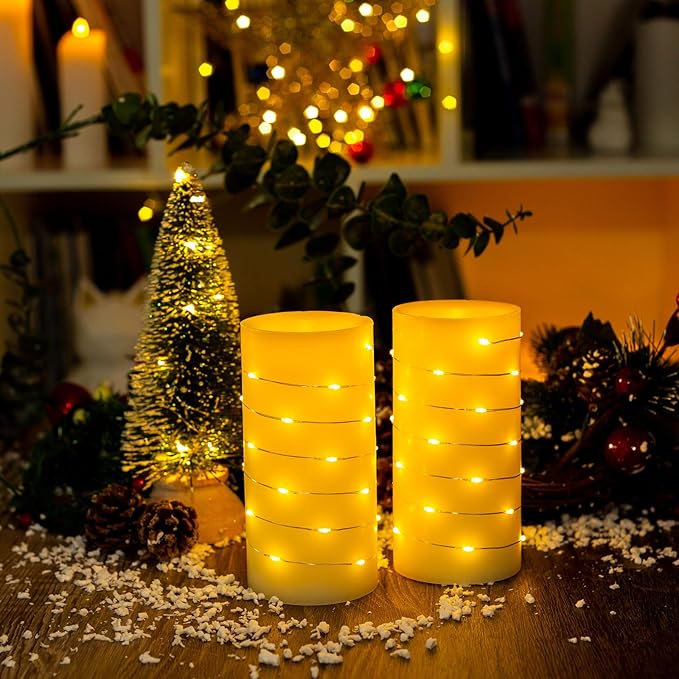 BeMoment Flickering Flameless Candles Ivory Real Wax Pillar with Embedded String Lights LED Candles Battery Operated Candle with Timer and Remote, for Bedroom, Wedding, Home Decor Set of 2 (3" x 6")