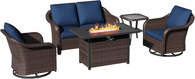 5 Piece Patio Wicker Conversation Set, All-Weather Use Outdoor Wicker Loveseat with 2 PE Rattan Ottomans,2 Swivel Chair, 1 Side Table, Ideal for Porch, Backyard, Balcony, Poolside, Blue