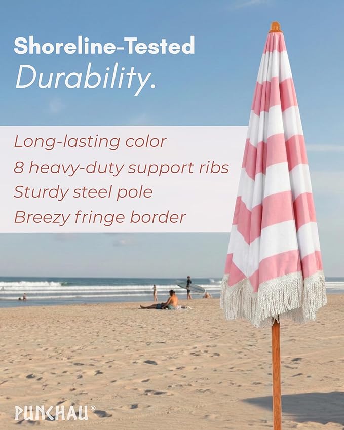 6 Ft Fringe Patio Umbrella - Outdoor Umbrella for Patio, Pool, Table, Garden, Deck, Beach, and Outdoors - Fashionable Boho Vintage Tassels & Wood Print - Push Button Tilt Pole
