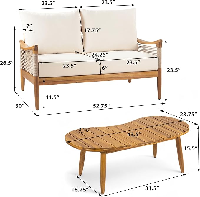 Christopher Knight Home Havets 2 Piece Patio Conversation Sets, Outdoor Acacia Wood Patio Seating Group,Woven Rope Loveseat with Cushions and Coffee Table for Porch Garden Backyard Balcony, Teak+Beige