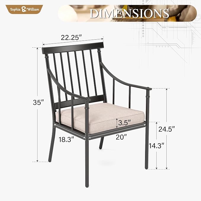 Sophia & William Patio Dining Chairs, Set of 6, Padded Cushions, Steel | E-Coated, All-Weather, Breathable, 300 lb Capacity