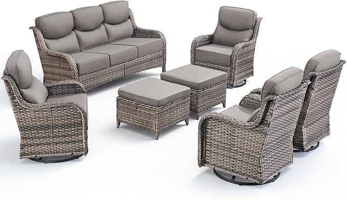 Luxury 7 Pieces Outdoor Patio Furniture Set-All Weather Wicker Outdoor Furniture with Swivel Rocker Patio Chairs 6-inch Extra Thick Cushions Wicker Conversation Set for Garden Porch(Grey/Grey)