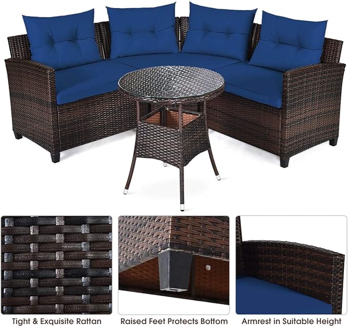HAPPYGRILL 4 Pieces Rattan Patio Conversation Set, Outdoor Wicker Furniture Set with Cushioned Sofas and Coffee Table, L-Shape Sectional Curved Sofa Set for Garden Poolside Balcony