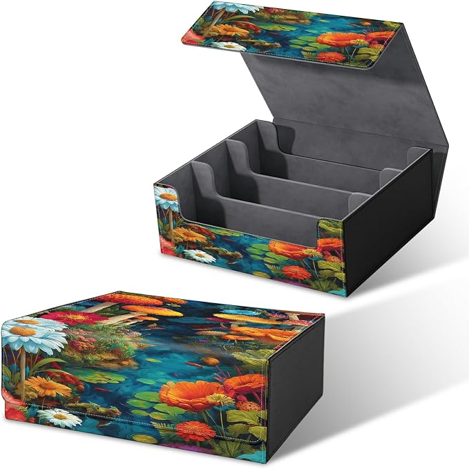 Large Card Deck Box for MTG, Fits 1200+ Sleeved Cards, PU Leather Storage Case with Strong Magnetic Closure, Multiple Colors for TCG CCG Baseball Card Collections, Mushroom Red Flower