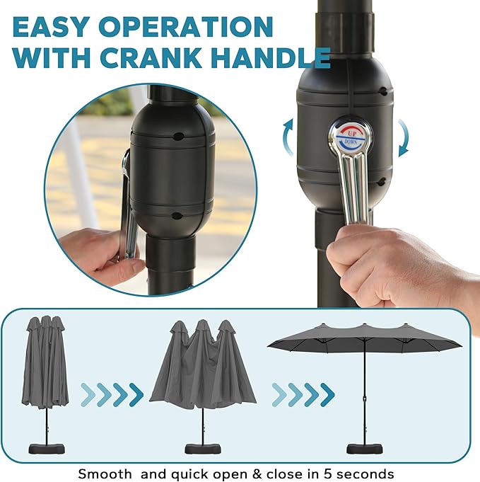 15ft Outdoor Market Umbrella with Base Included, Large Double-sided Pool Umbrella with Crank Handle, Garden, Backyard (Grey)