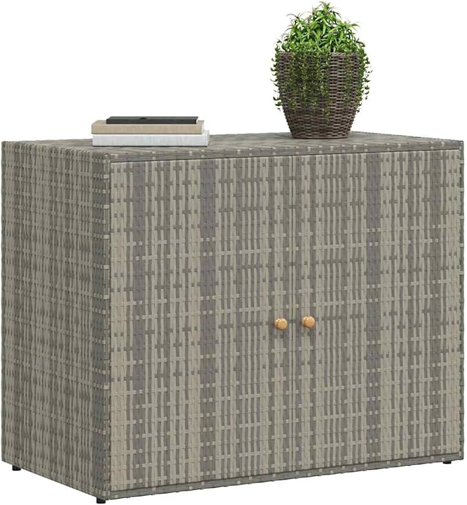 Gecheer Garden Storage Cabinet in Grey, 100 x 55.5 x 80 cm Poly Rattan Outdoor Deck Box with Waterproof Design and Steel Frame